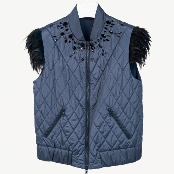 Brunello Cucinelli AW/14 Blue Quilted Silk Crystal Feather-Trim Vest - Picture 1 of 12